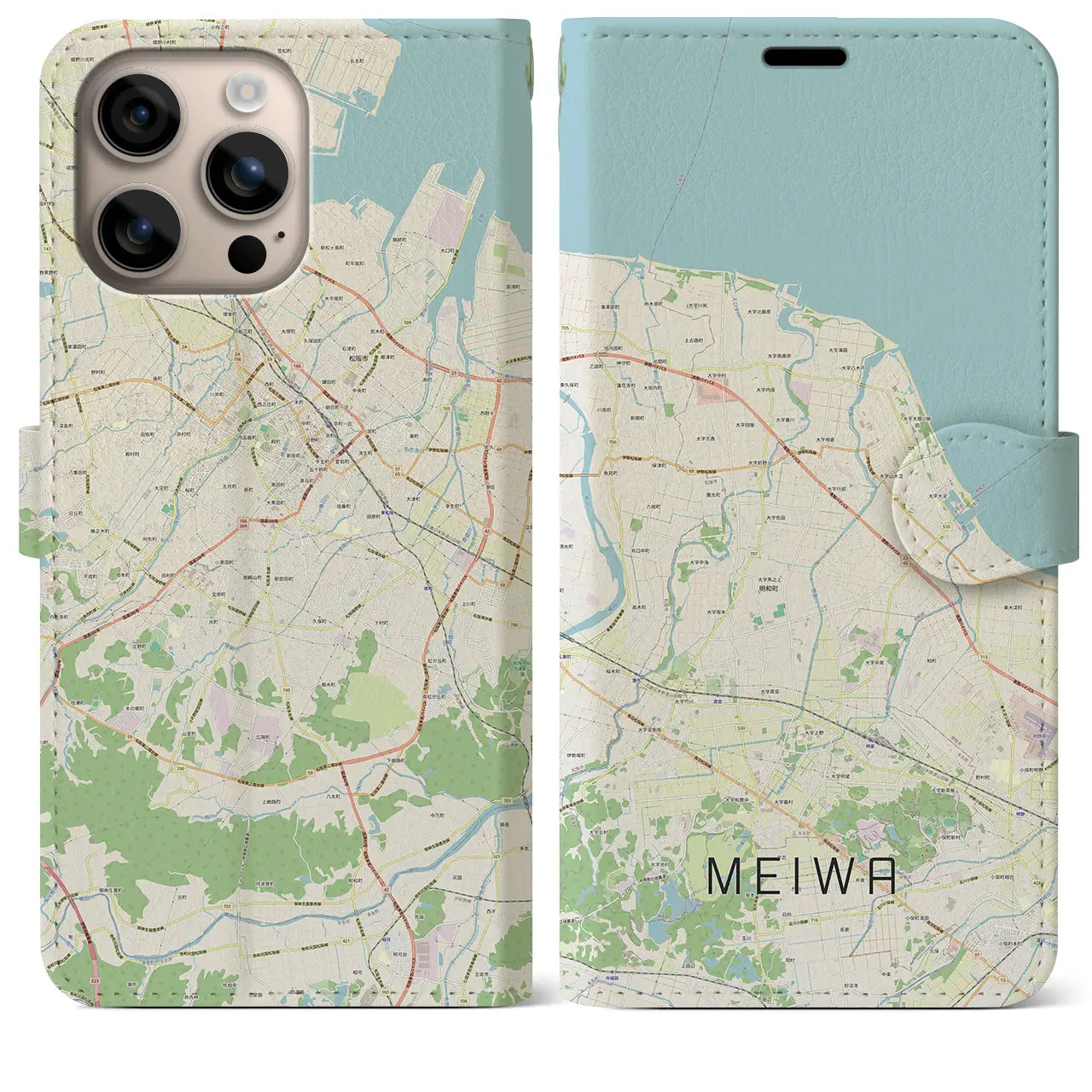 【明和(三重県)】地図柄iPhoneケース(手帳タイプ)ナチュラル・iPhone 16 Plus 用