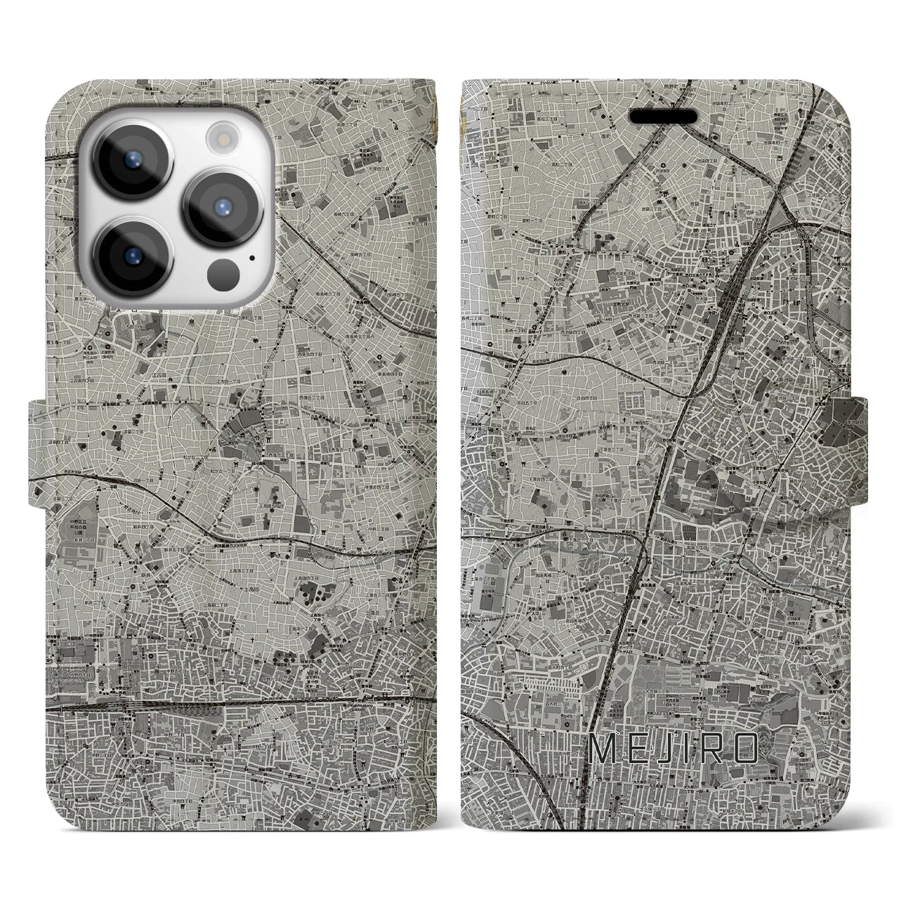 【目白(東京都)】地図柄iPhoneケース(手帳タイプ)モノトーン・iPhone 14 Pro 用