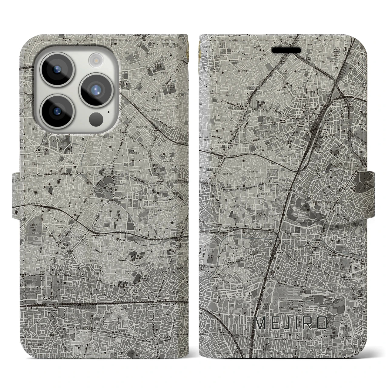 【目白(東京都)】地図柄iPhoneケース(手帳タイプ)モノトーン・iPhone 15 Pro 用