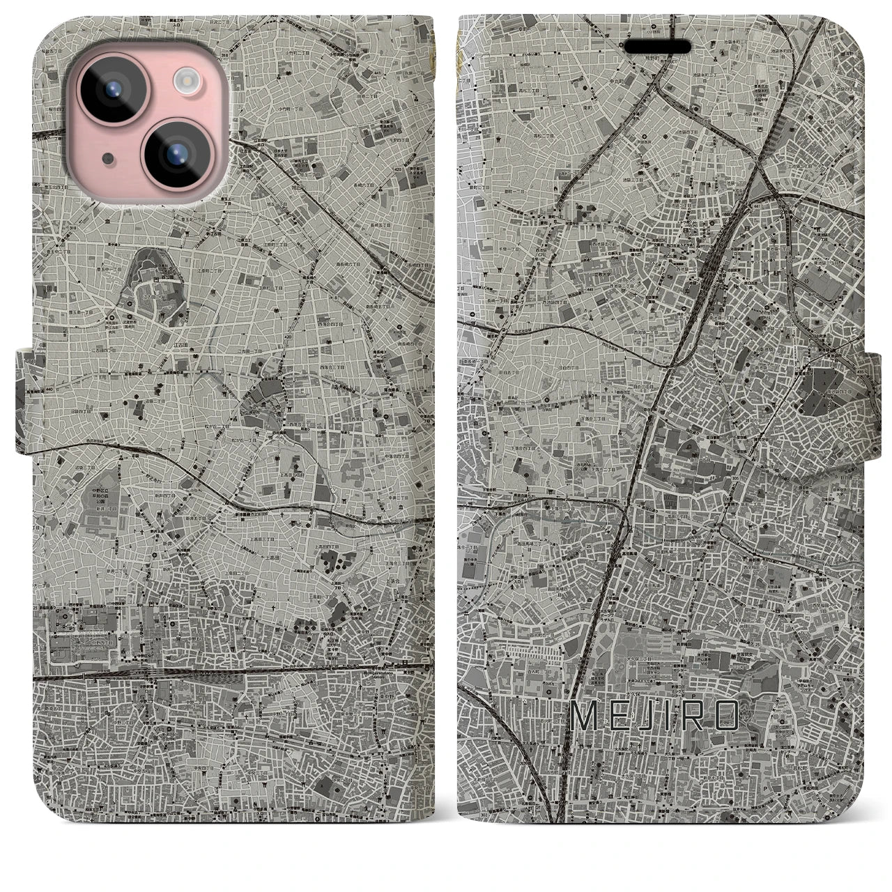 【目白(東京都)】地図柄iPhoneケース(手帳タイプ)モノトーン・iPhone 15 Plus 用