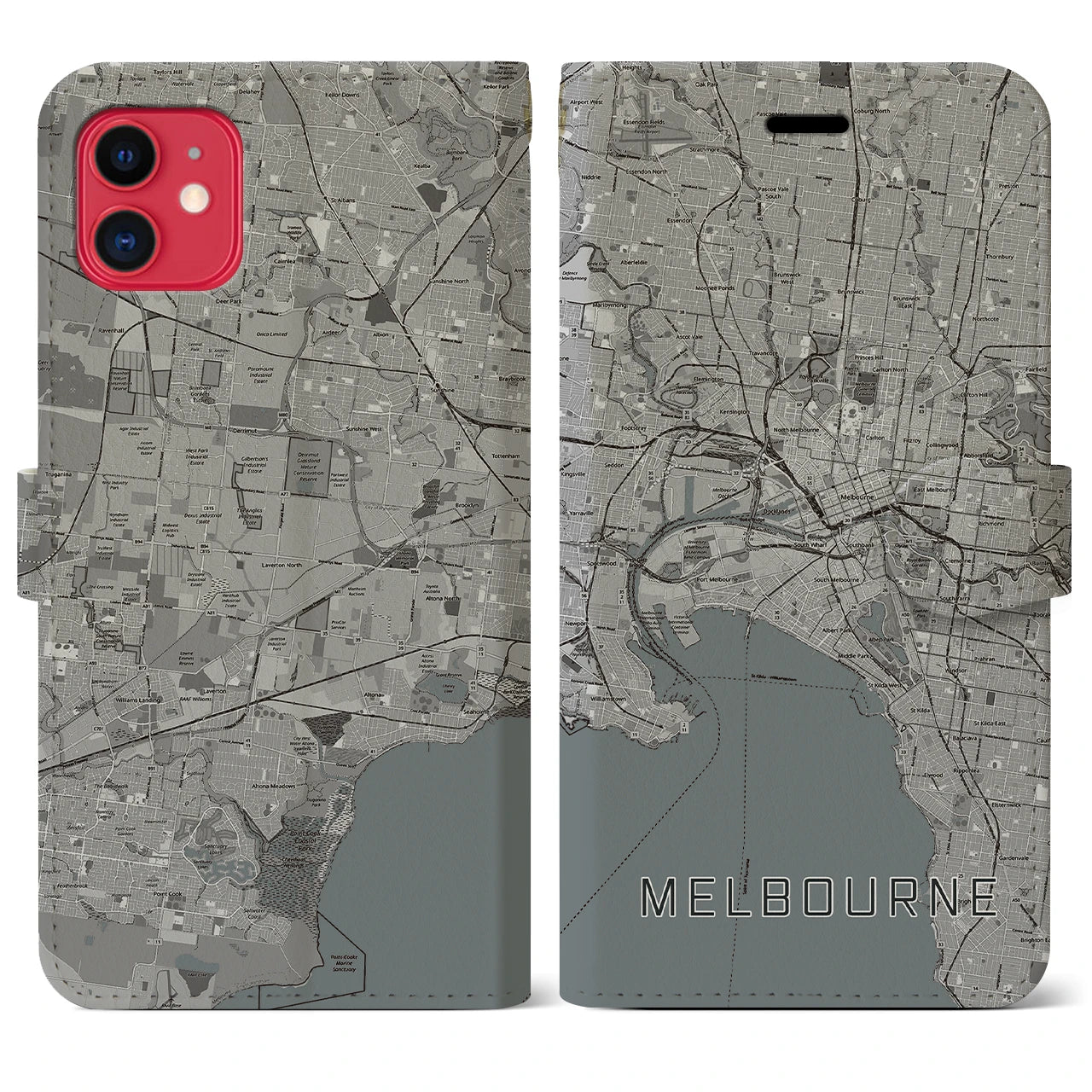 【メルボルン(オーストラリア)】地図柄iPhoneケース(手帳タイプ)モノトーン・iPhone 11 用