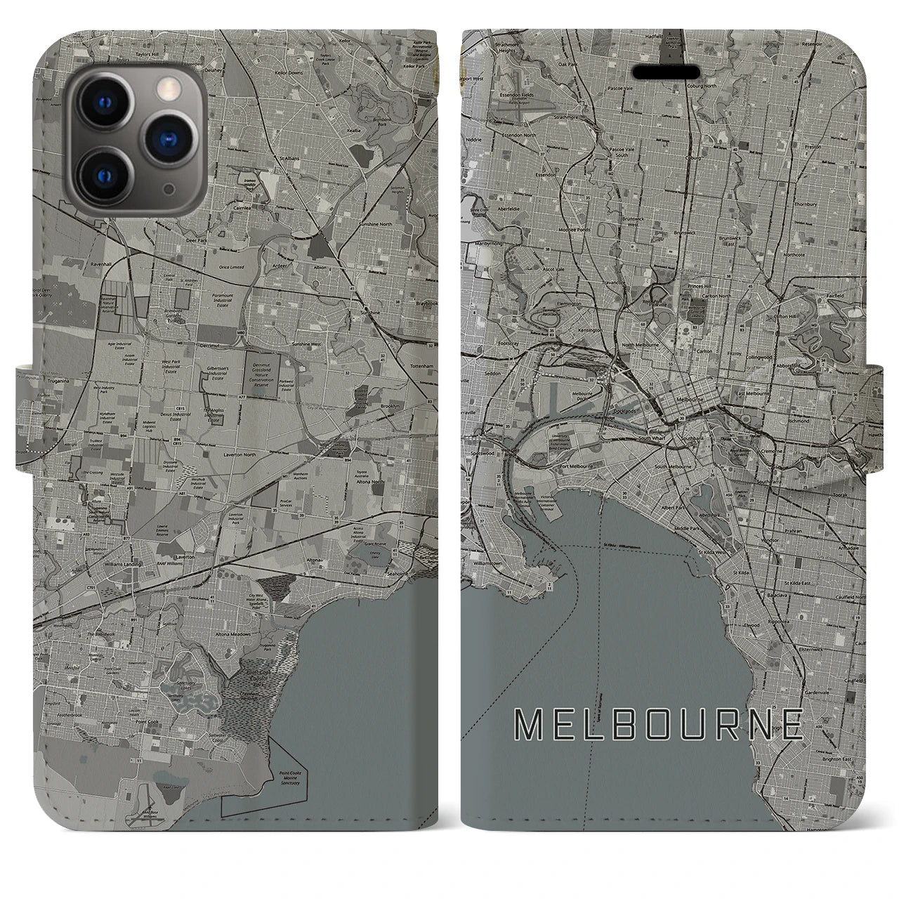 【メルボルン(オーストラリア)】地図柄iPhoneケース(手帳タイプ)モノトーン・iPhone 11 Pro Max 用
