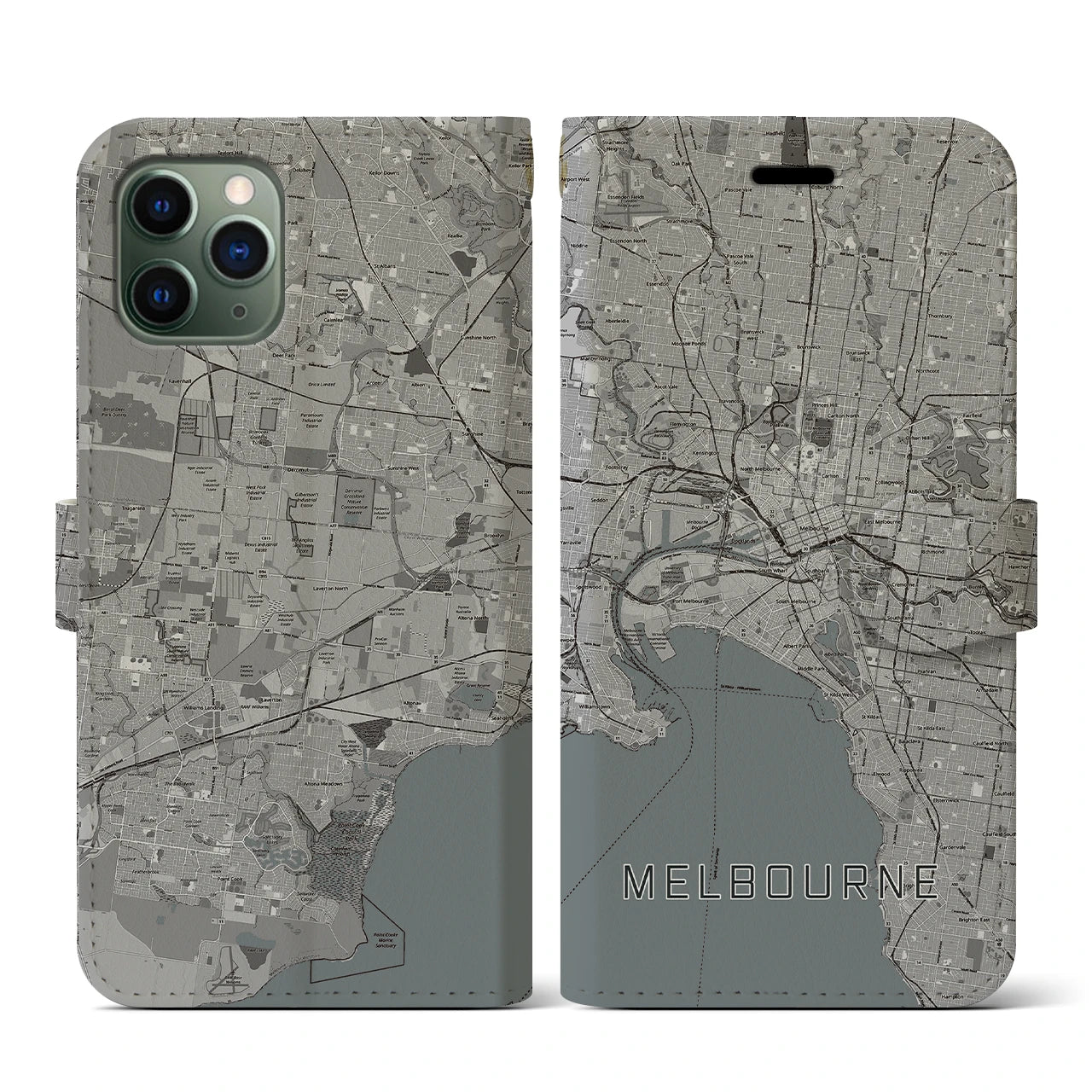 【メルボルン(オーストラリア)】地図柄iPhoneケース(手帳タイプ)モノトーン・iPhone 11 Pro 用