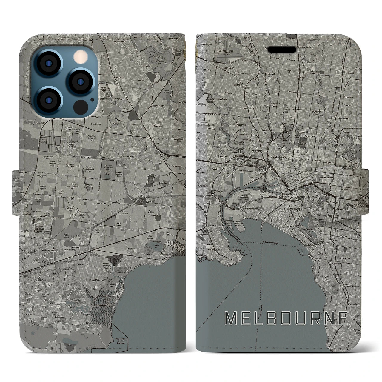 【メルボルン(オーストラリア)】地図柄iPhoneケース(手帳タイプ)モノトーン・iPhone 12 / 12 Pro 用