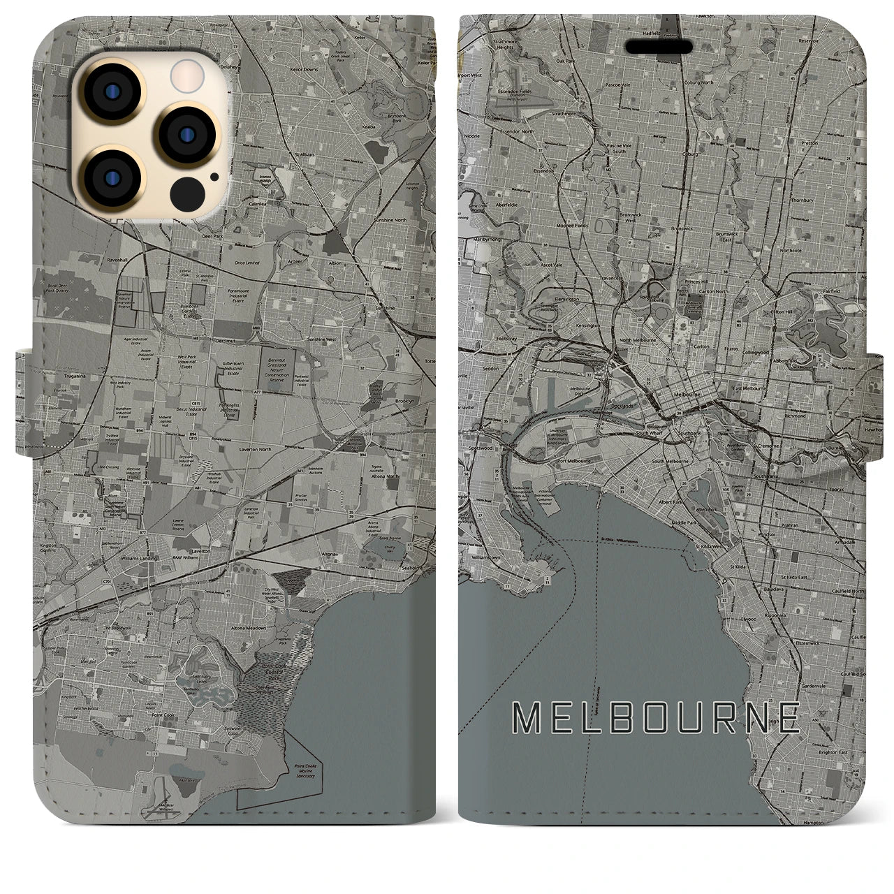 【メルボルン(オーストラリア)】地図柄iPhoneケース(手帳タイプ)モノトーン・iPhone 12 Pro Max 用
