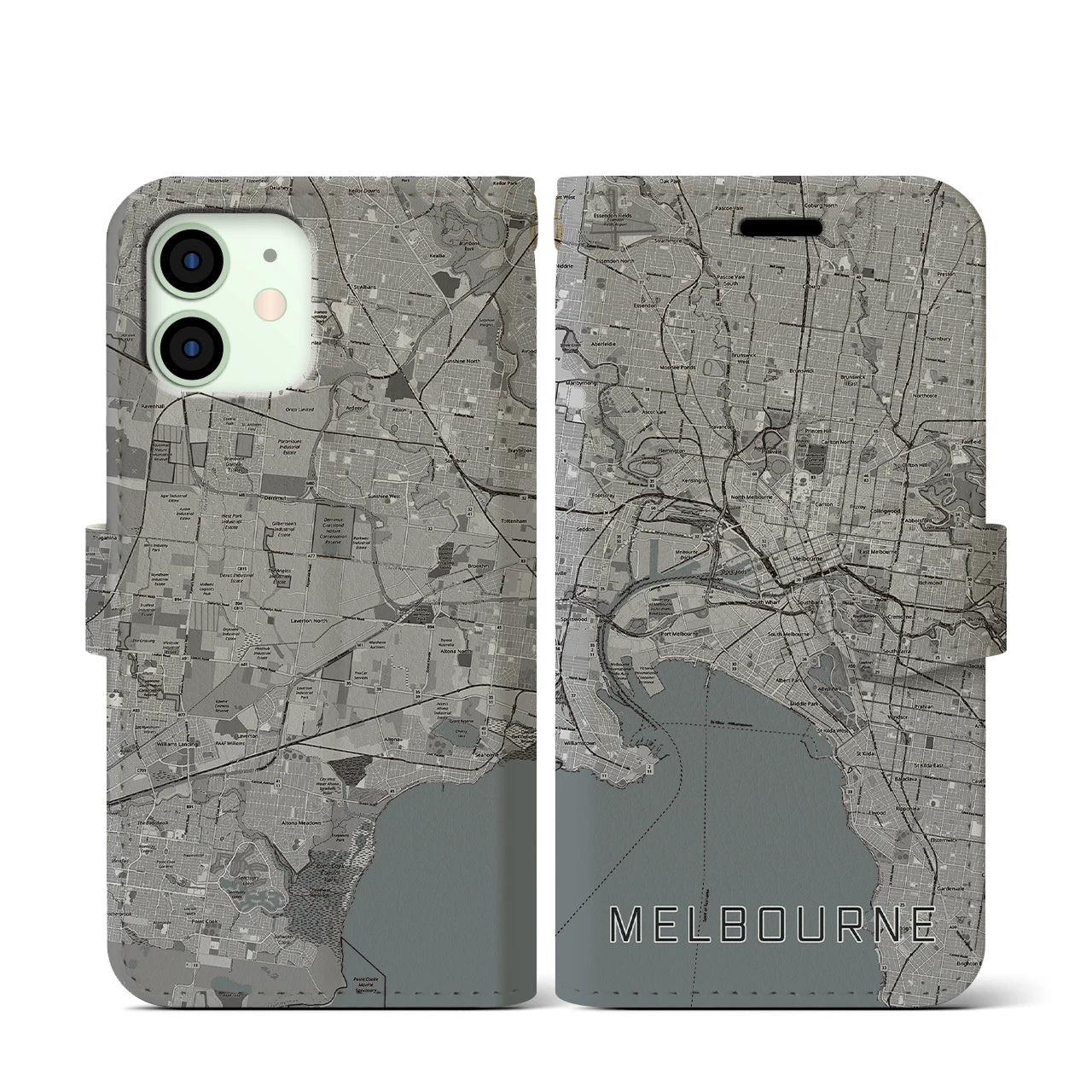 【メルボルン(オーストラリア)】地図柄iPhoneケース(手帳タイプ)モノトーン・iPhone 12 mini 用
