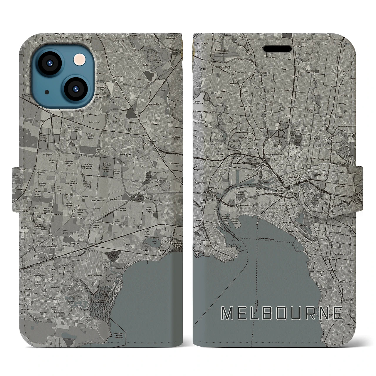 【メルボルン(オーストラリア)】地図柄iPhoneケース(手帳タイプ)モノトーン・iPhone 13 用