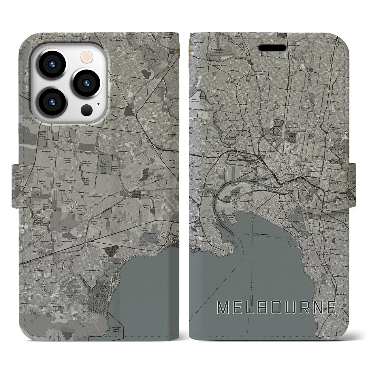 【メルボルン(オーストラリア)】地図柄iPhoneケース(手帳タイプ)モノトーン・iPhone 13 Pro 用