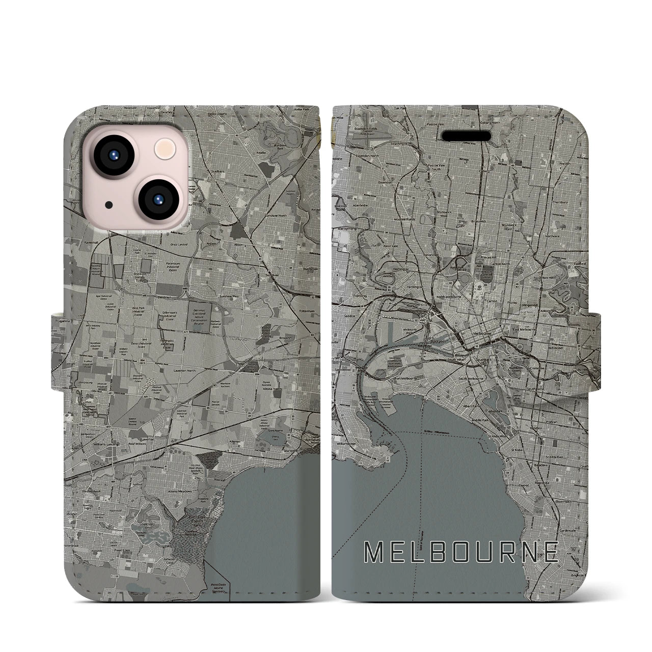 【メルボルン(オーストラリア)】地図柄iPhoneケース(手帳タイプ)モノトーン・iPhone 13 mini 用