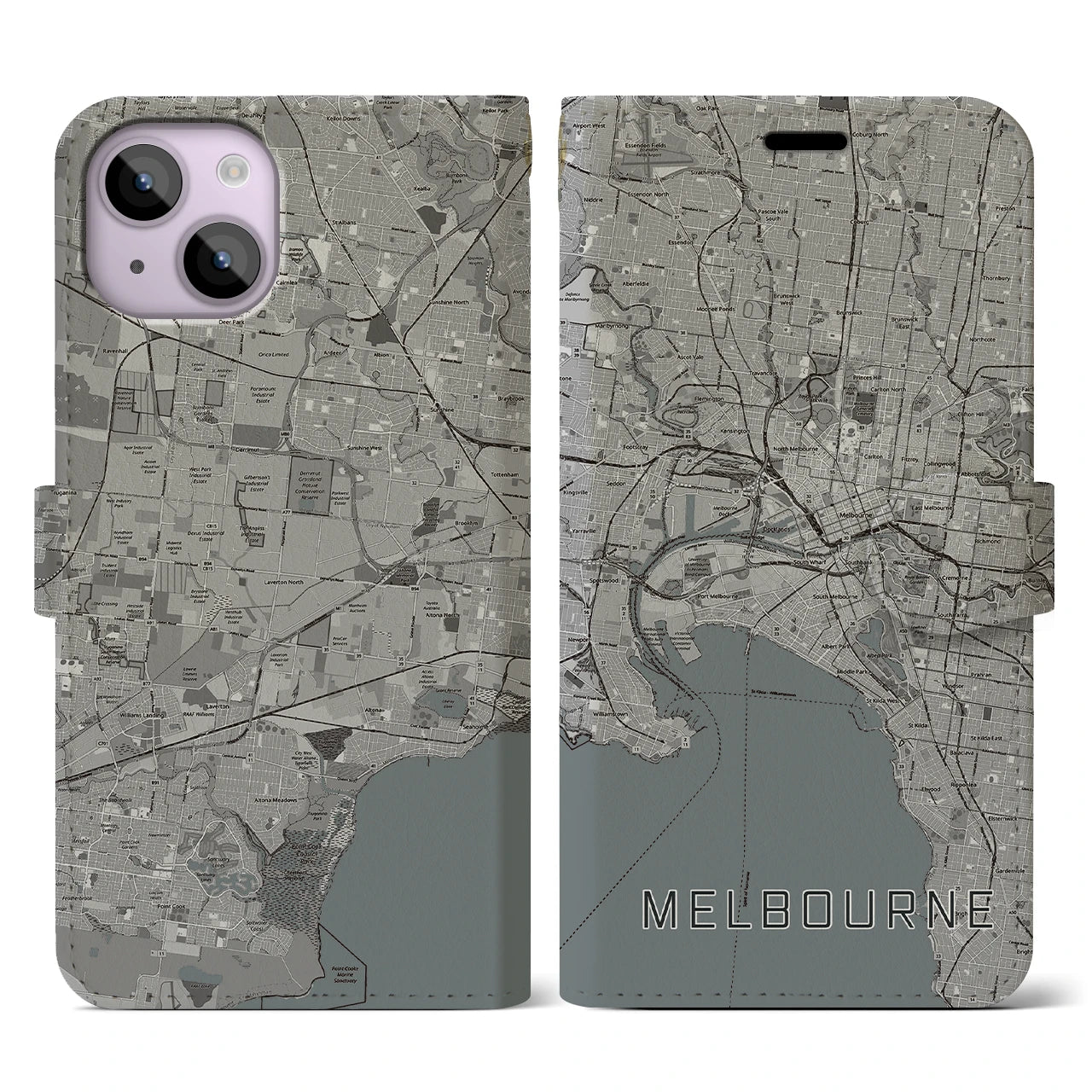 【メルボルン(オーストラリア)】地図柄iPhoneケース(手帳タイプ)モノトーン・iPhone 14 用
