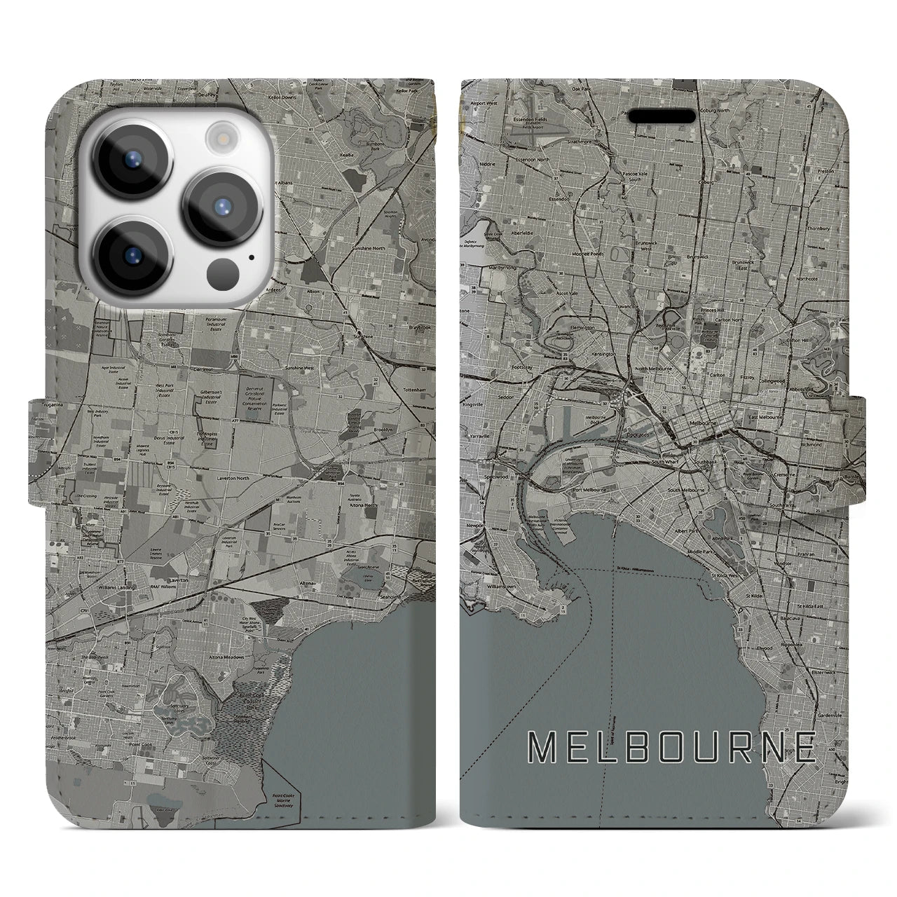 【メルボルン(オーストラリア)】地図柄iPhoneケース(手帳タイプ)モノトーン・iPhone 14 Pro 用