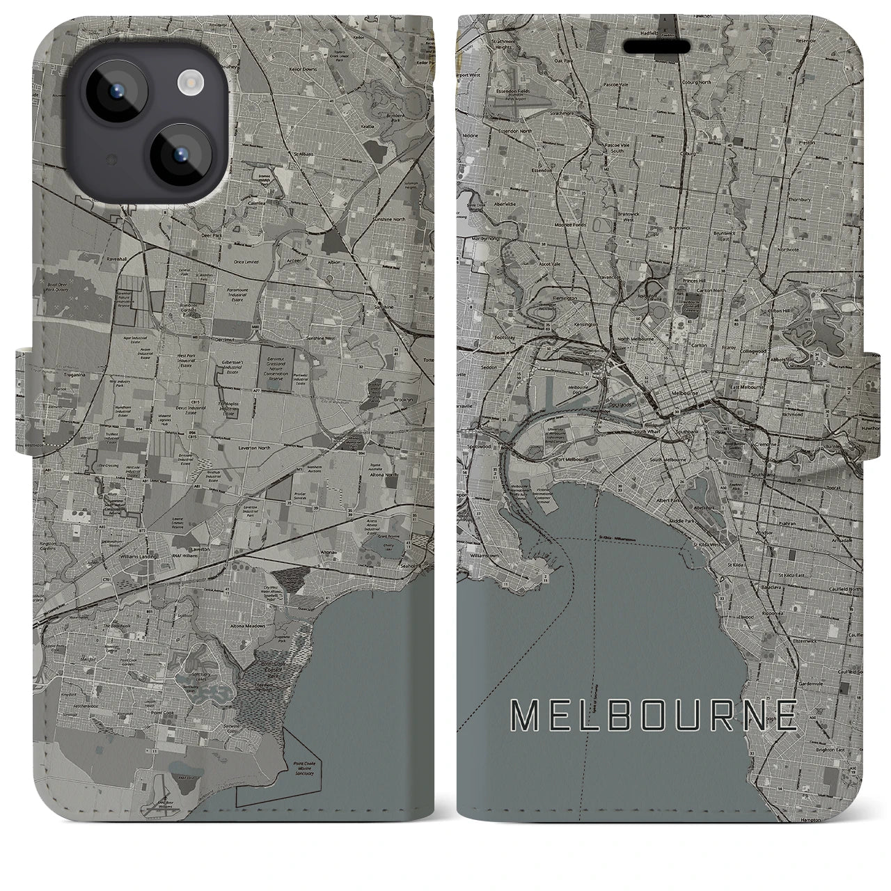 【メルボルン(オーストラリア)】地図柄iPhoneケース(手帳タイプ)モノトーン・iPhone 14 Plus 用