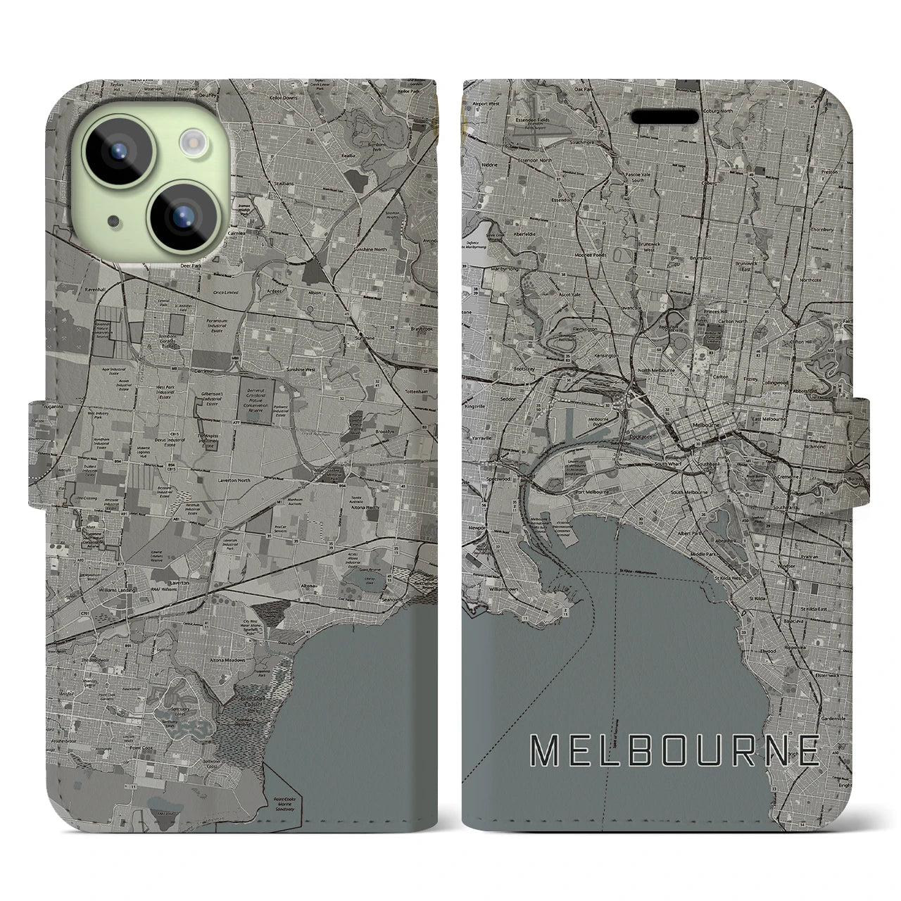 【メルボルン(オーストラリア)】地図柄iPhoneケース(手帳タイプ)モノトーン・iPhone 15 用