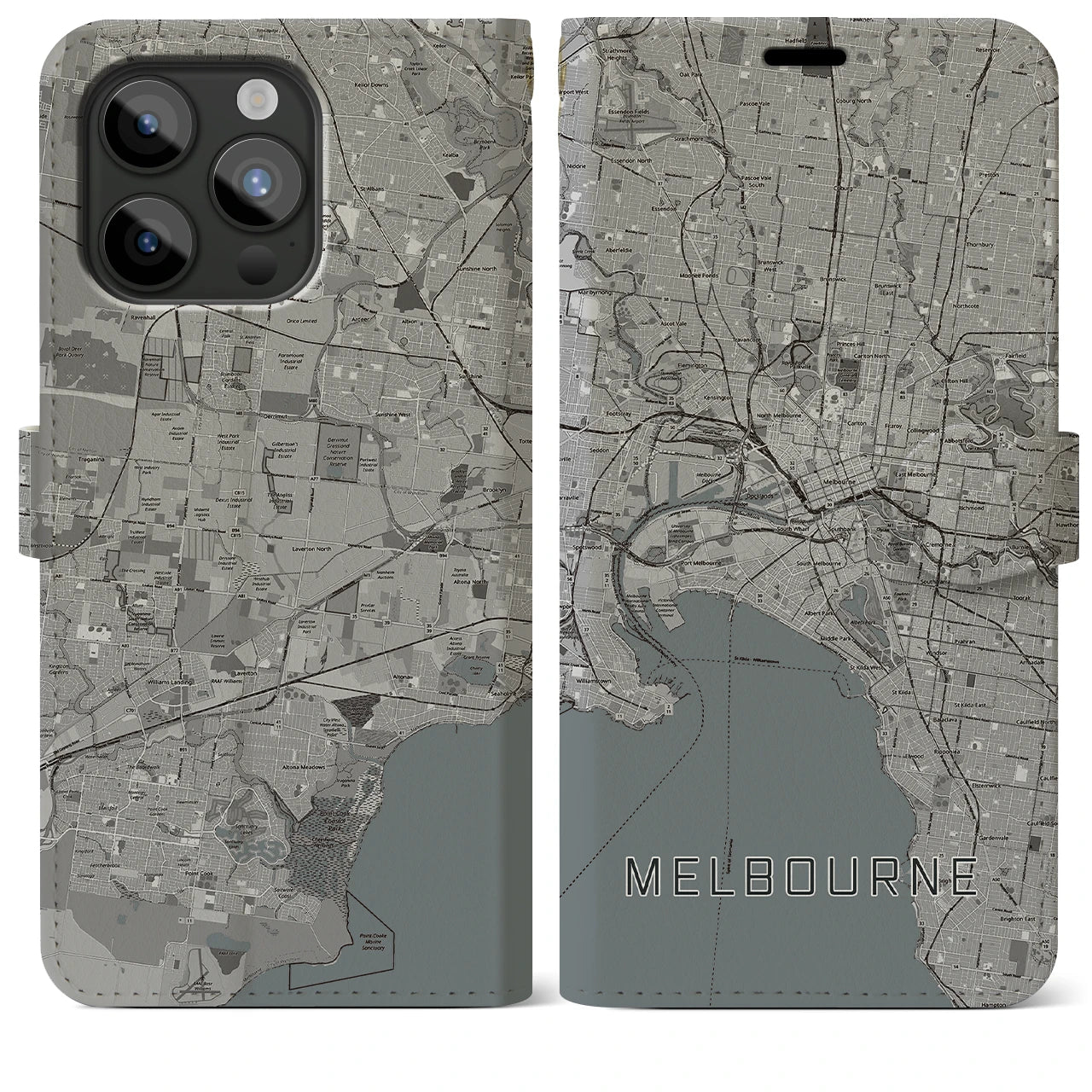 【メルボルン(オーストラリア)】地図柄iPhoneケース(手帳タイプ)モノトーン・iPhone 15 Pro Max 用