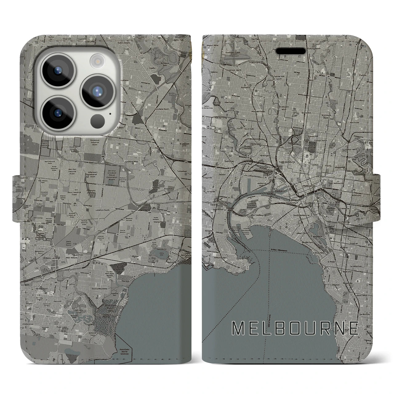 【メルボルン(オーストラリア)】地図柄iPhoneケース(手帳タイプ)モノトーン・iPhone 15 Pro 用