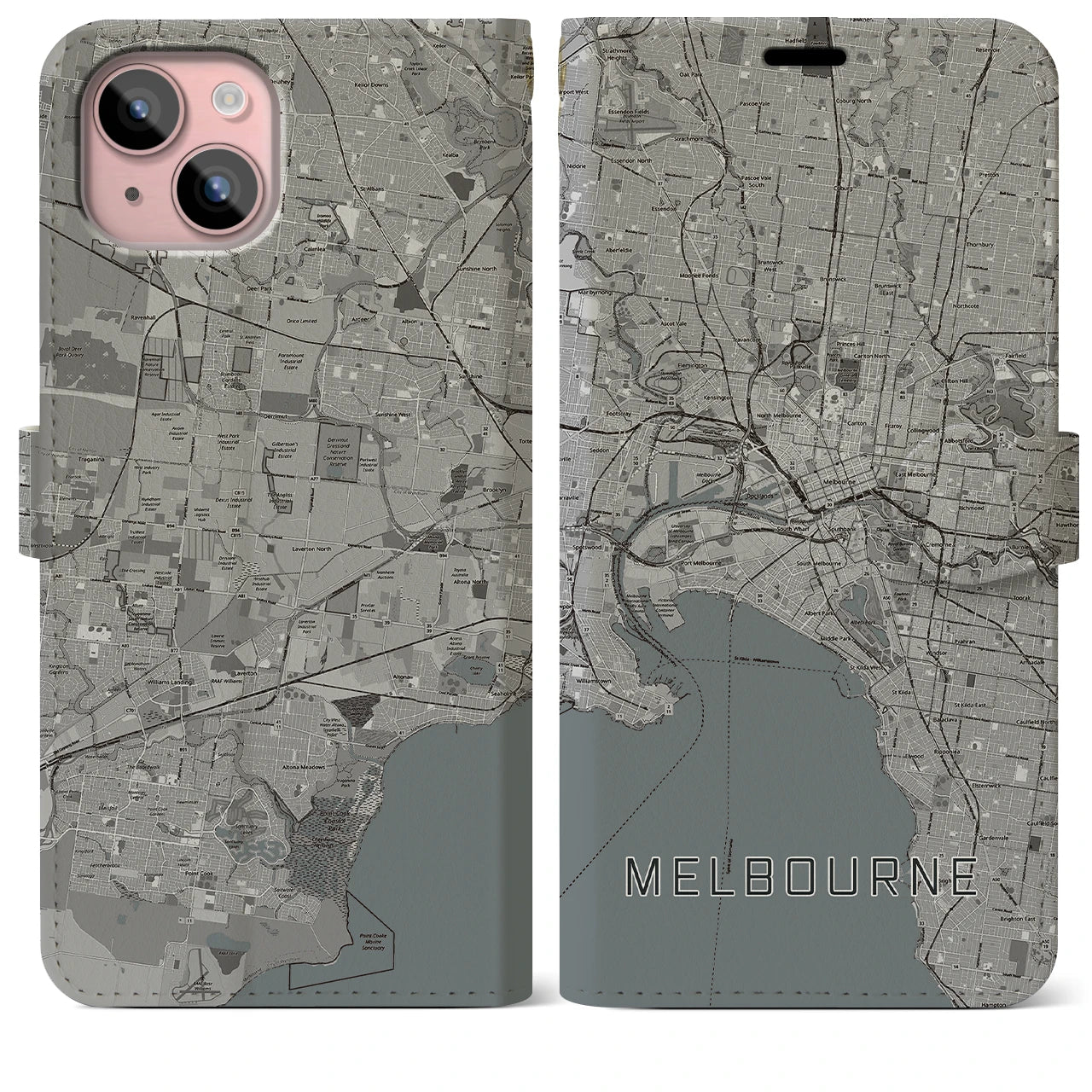 【メルボルン(オーストラリア)】地図柄iPhoneケース(手帳タイプ)モノトーン・iPhone 15 Plus 用