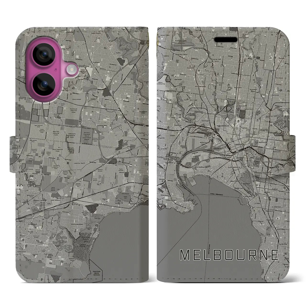 【メルボルン(オーストラリア)】地図柄iPhoneケース(手帳タイプ)モノトーン・iPhone 16 Pro 用