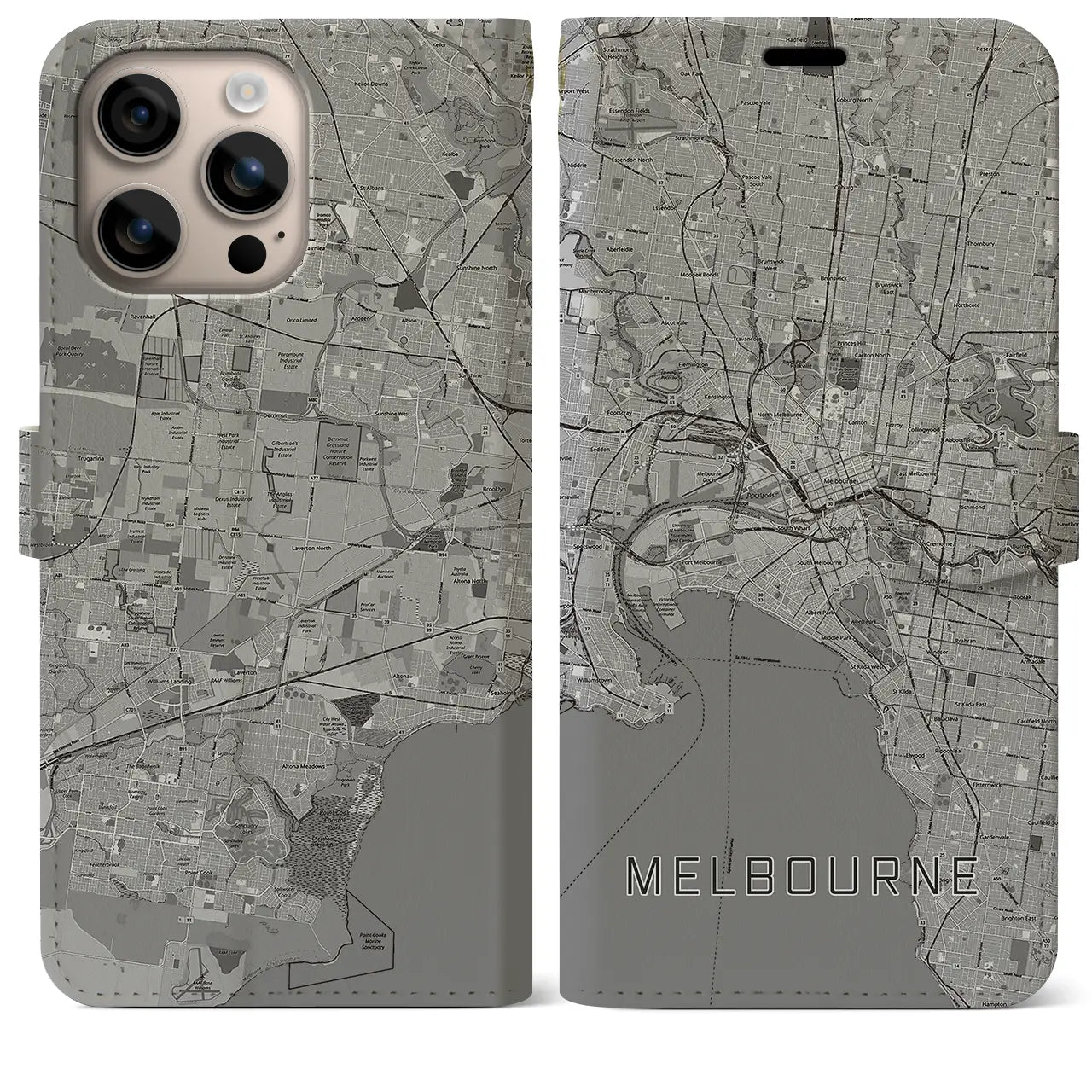 【メルボルン(オーストラリア)】地図柄iPhoneケース(手帳タイプ)モノトーン・iPhone 16 Plus 用