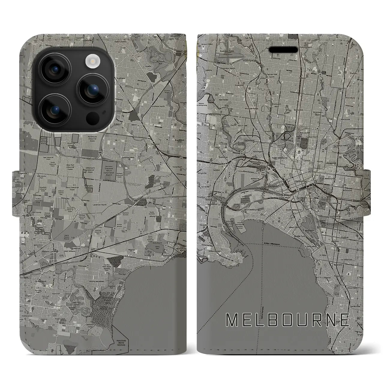 【メルボルン(オーストラリア)】地図柄iPhoneケース(手帳タイプ)モノトーン・iPhone 16 用