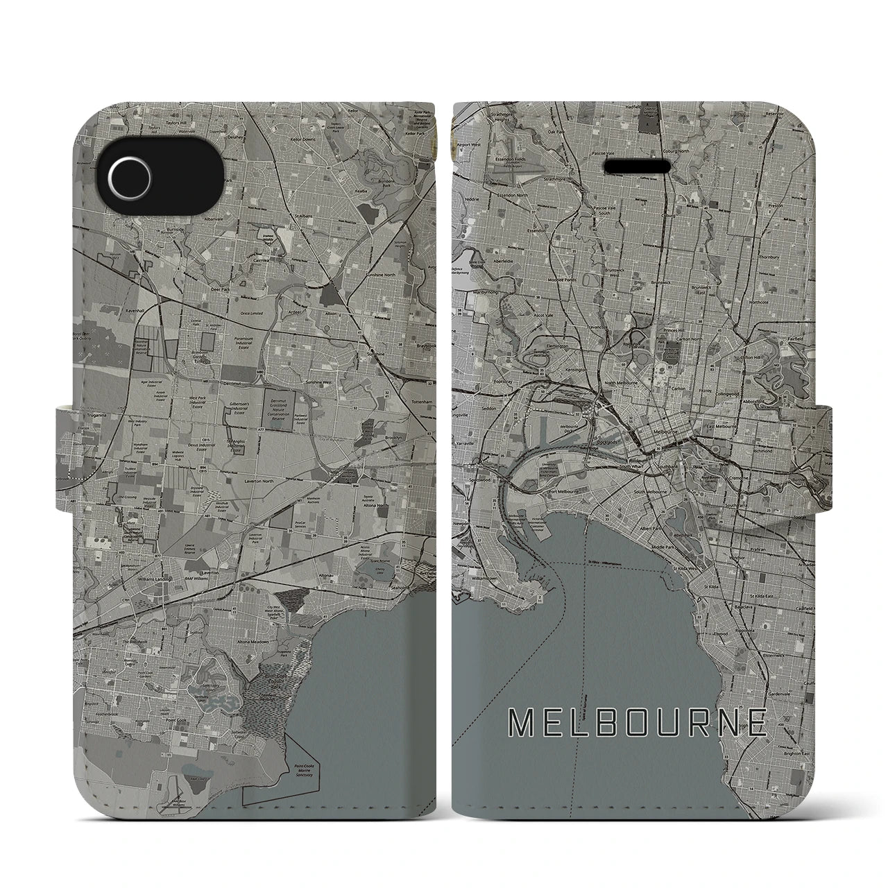 【メルボルン(オーストラリア)】地図柄iPhoneケース(手帳タイプ)モノトーン・iPhone SE(第3 / 第2世代) / 8 / 7 / 6s / 6 用