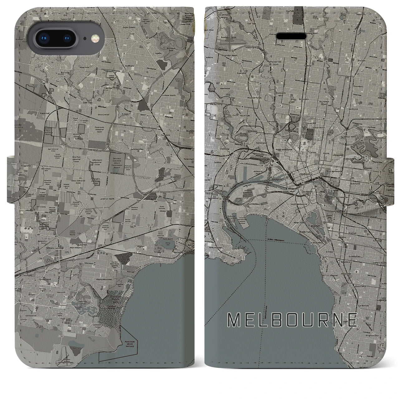 【メルボルン(オーストラリア)】地図柄iPhoneケース(手帳タイプ)モノトーン・iPhone 8Plus /7Plus / 6sPlus / 6Plus 用