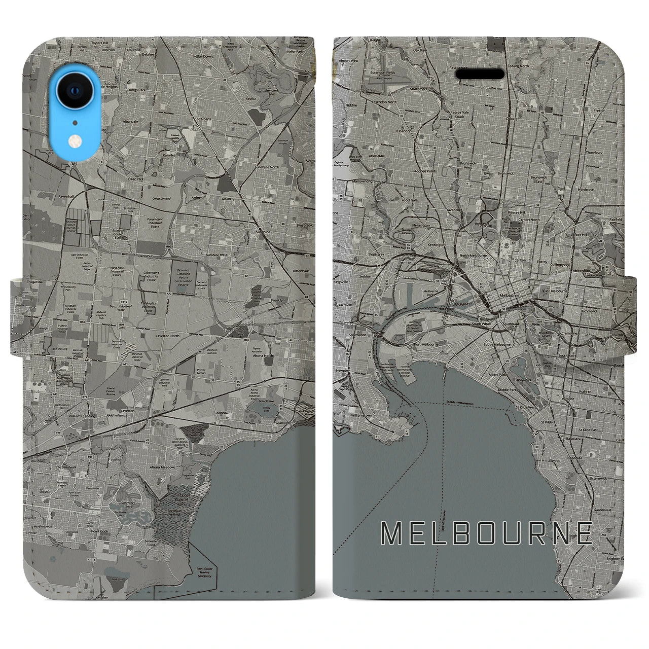 【メルボルン(オーストラリア)】地図柄iPhoneケース(手帳タイプ)モノトーン・iPhone XR 用