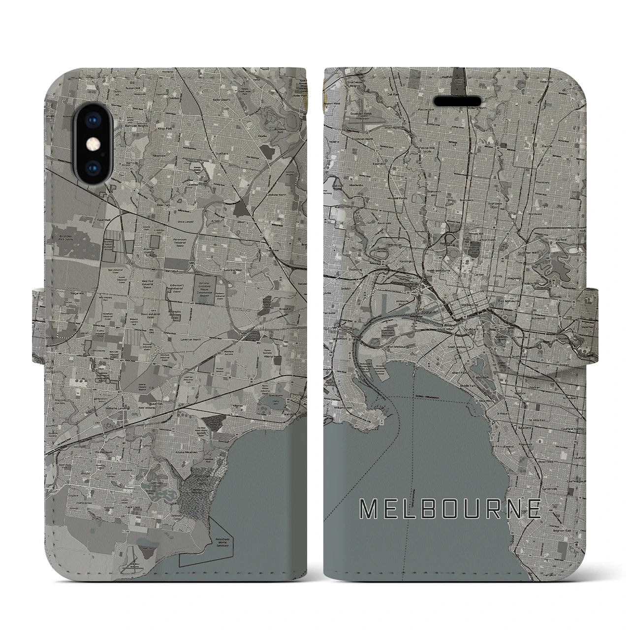 【メルボルン(オーストラリア)】地図柄iPhoneケース(手帳タイプ)モノトーン・iPhone XS / X 用