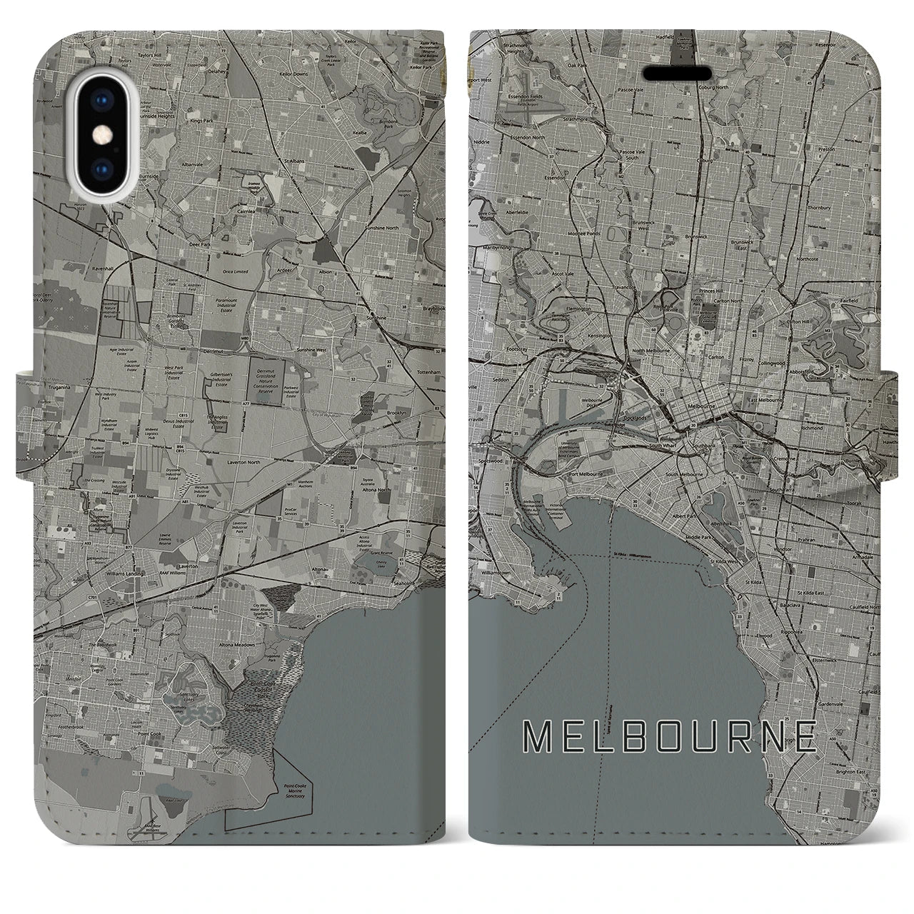 【メルボルン(オーストラリア)】地図柄iPhoneケース(手帳タイプ)モノトーン・iPhone XS Max 用