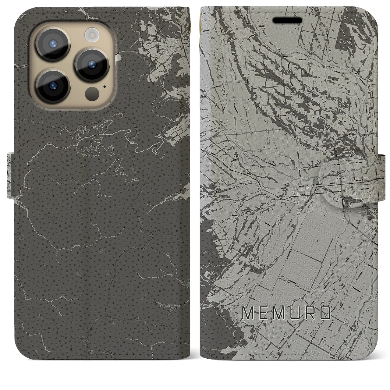 【芽室(北海道)】地図柄iPhoneケース(手帳タイプ)モノトーン・iPhone 14 Pro Max 用
