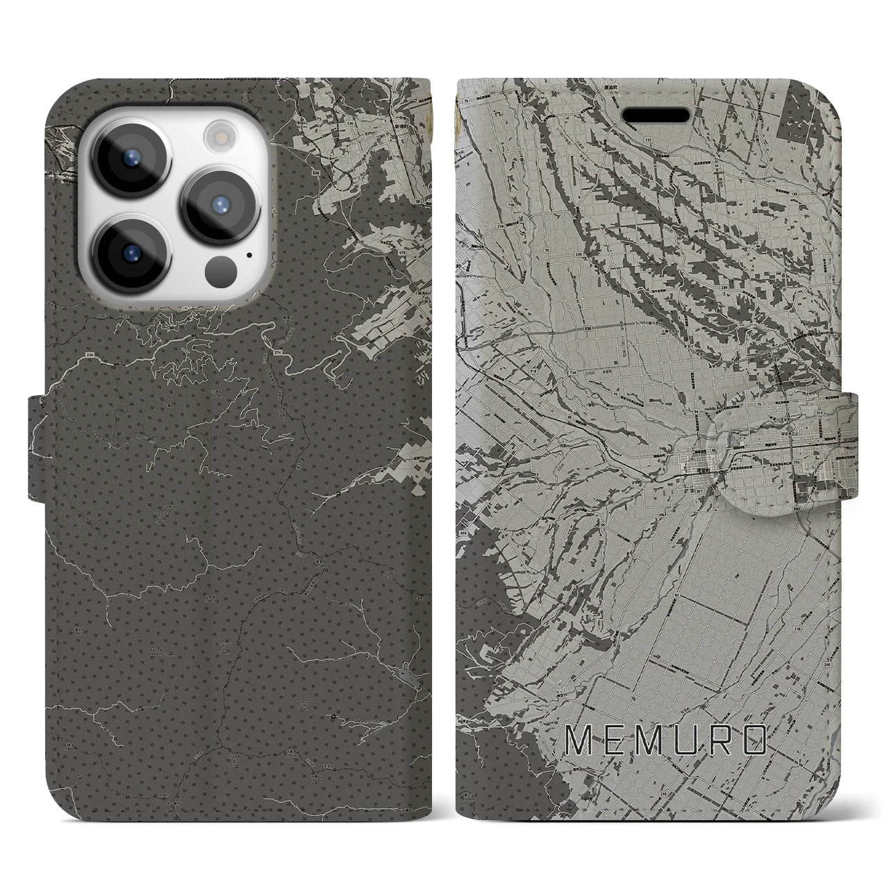 【芽室(北海道)】地図柄iPhoneケース(手帳タイプ)モノトーン・iPhone 14 Pro 用