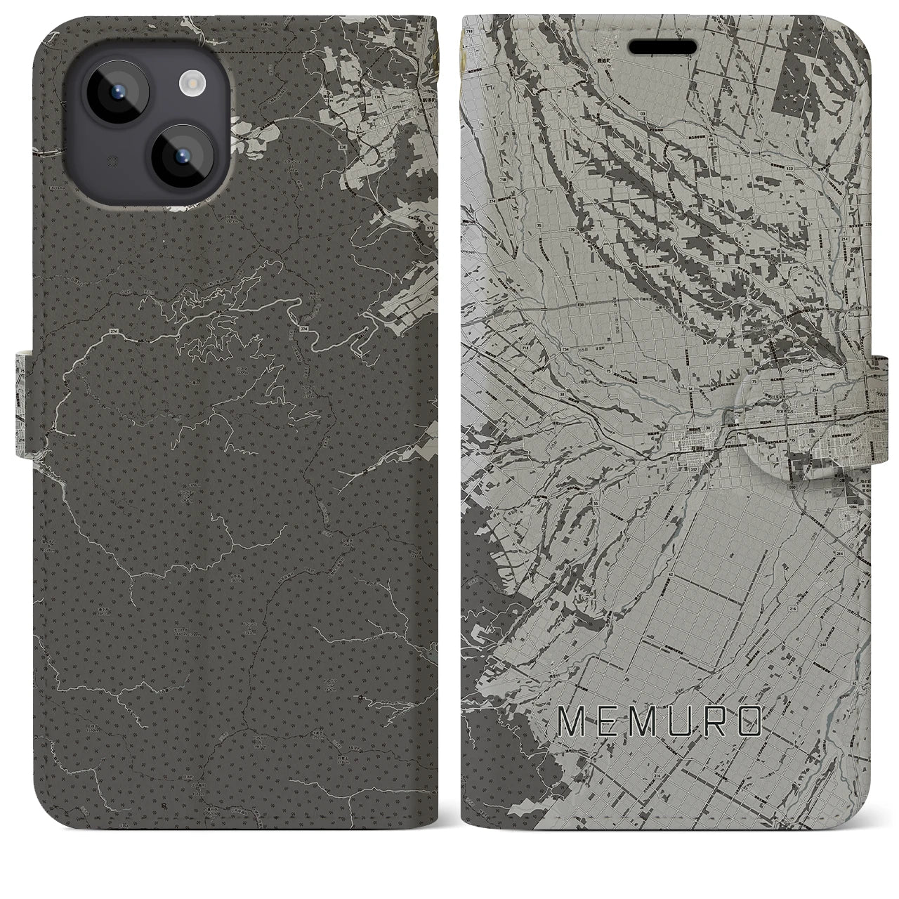 【芽室(北海道)】地図柄iPhoneケース(手帳タイプ)モノトーン・iPhone 14 Plus 用
