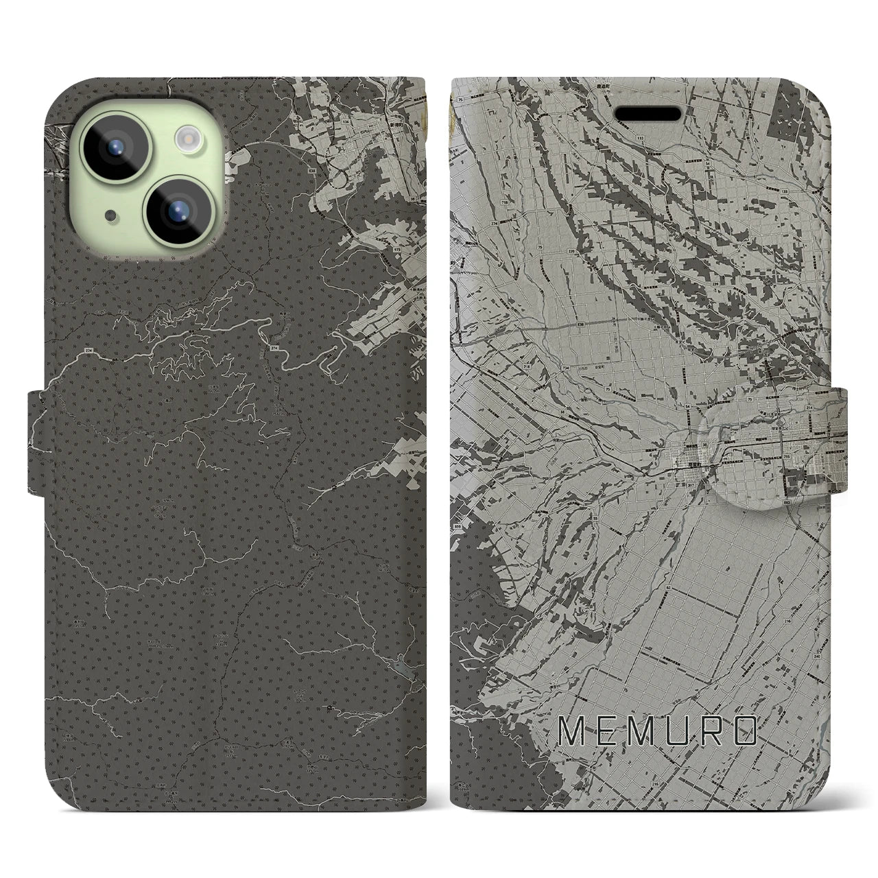 【芽室(北海道)】地図柄iPhoneケース(手帳タイプ)モノトーン・iPhone 15 用