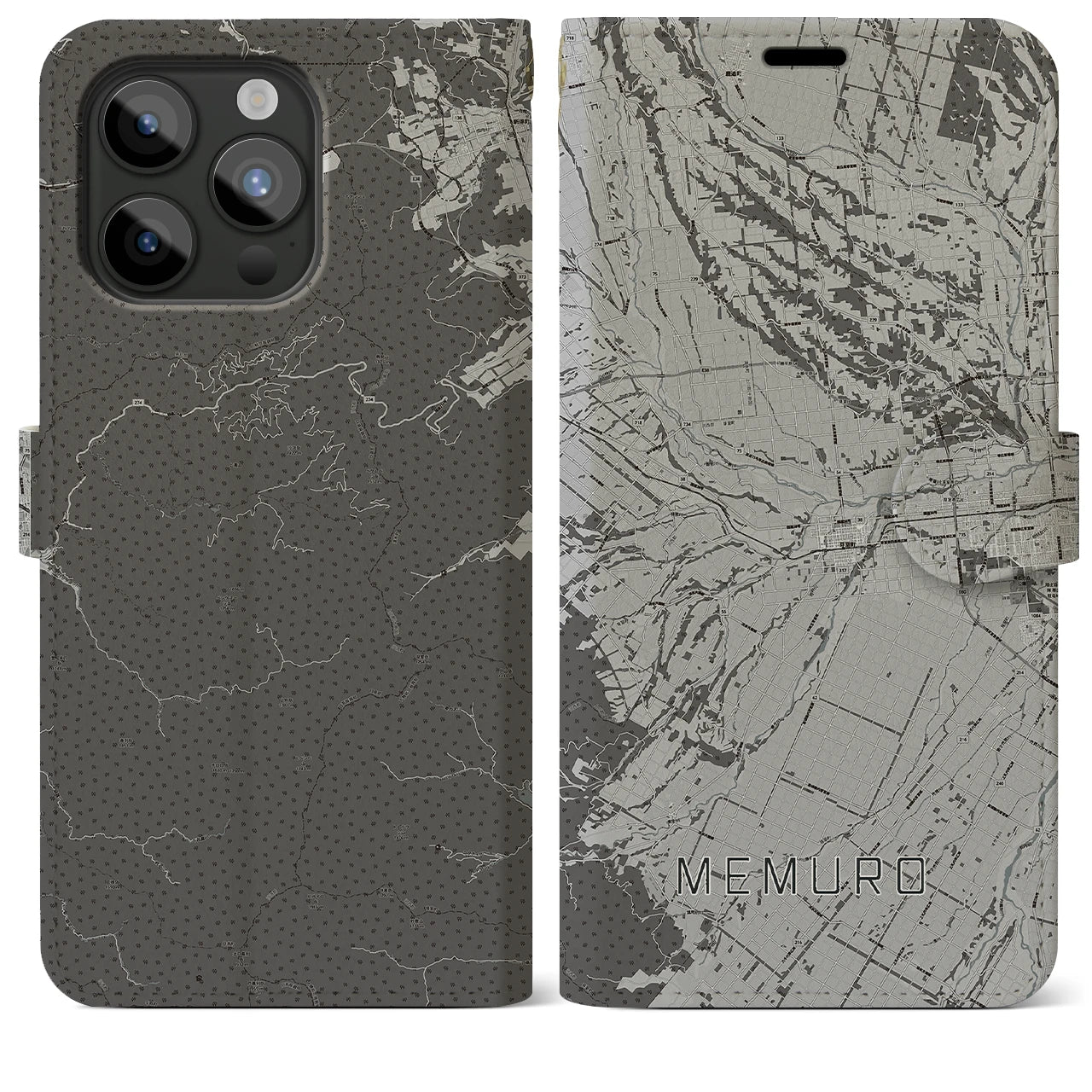 【芽室(北海道)】地図柄iPhoneケース(手帳タイプ)モノトーン・iPhone 15 Pro Max 用
