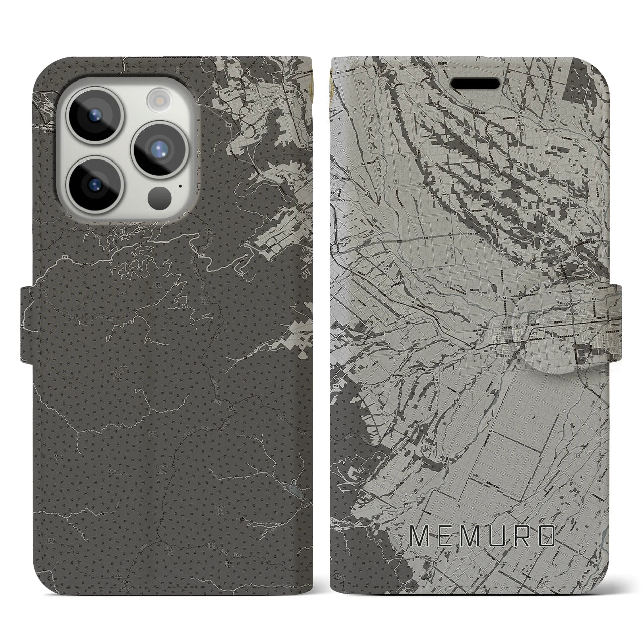 【芽室(北海道)】地図柄iPhoneケース(手帳タイプ)モノトーン・iPhone 15 Pro 用