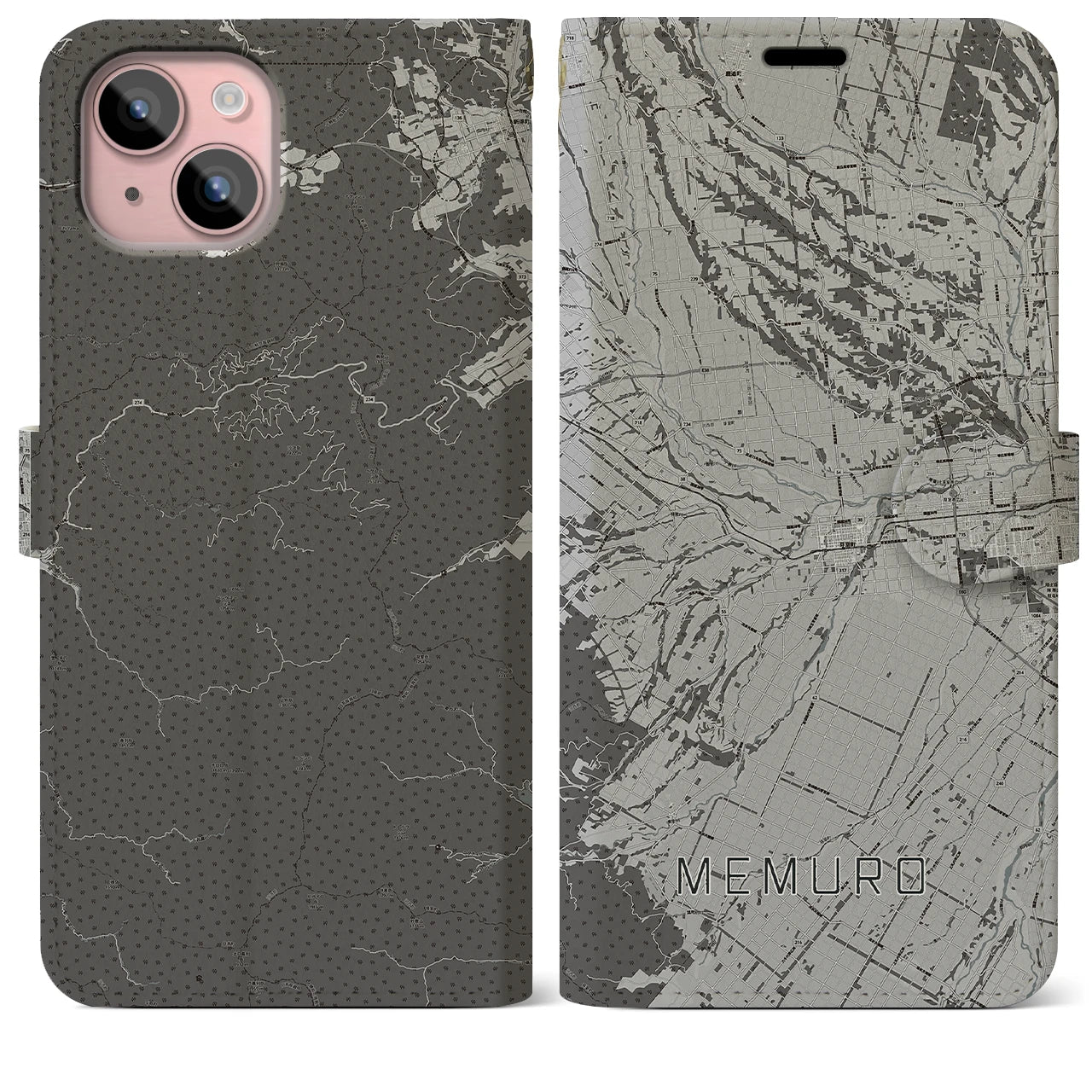 【芽室(北海道)】地図柄iPhoneケース(手帳タイプ)モノトーン・iPhone 15 Plus 用
