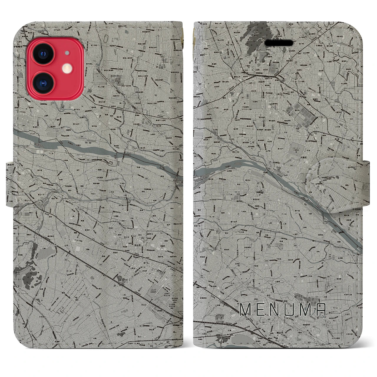【妻沼(埼玉県)】地図柄iPhoneケース(手帳タイプ)モノトーン・iPhone 11 用