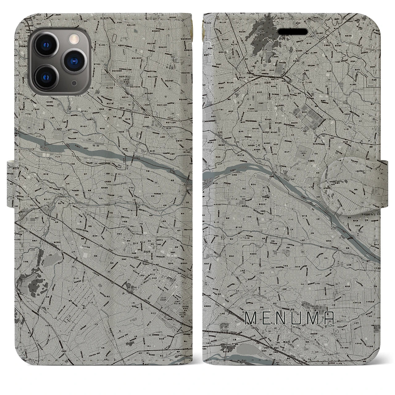 【妻沼(埼玉県)】地図柄iPhoneケース(手帳タイプ)モノトーン・iPhone 11 Pro Max 用