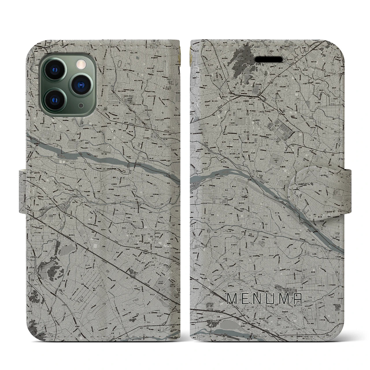 【妻沼(埼玉県)】地図柄iPhoneケース(手帳タイプ)モノトーン・iPhone 11 Pro 用