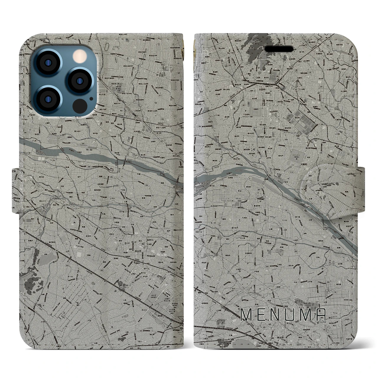 【妻沼(埼玉県)】地図柄iPhoneケース(手帳タイプ)モノトーン・iPhone 12 / 12 Pro 用