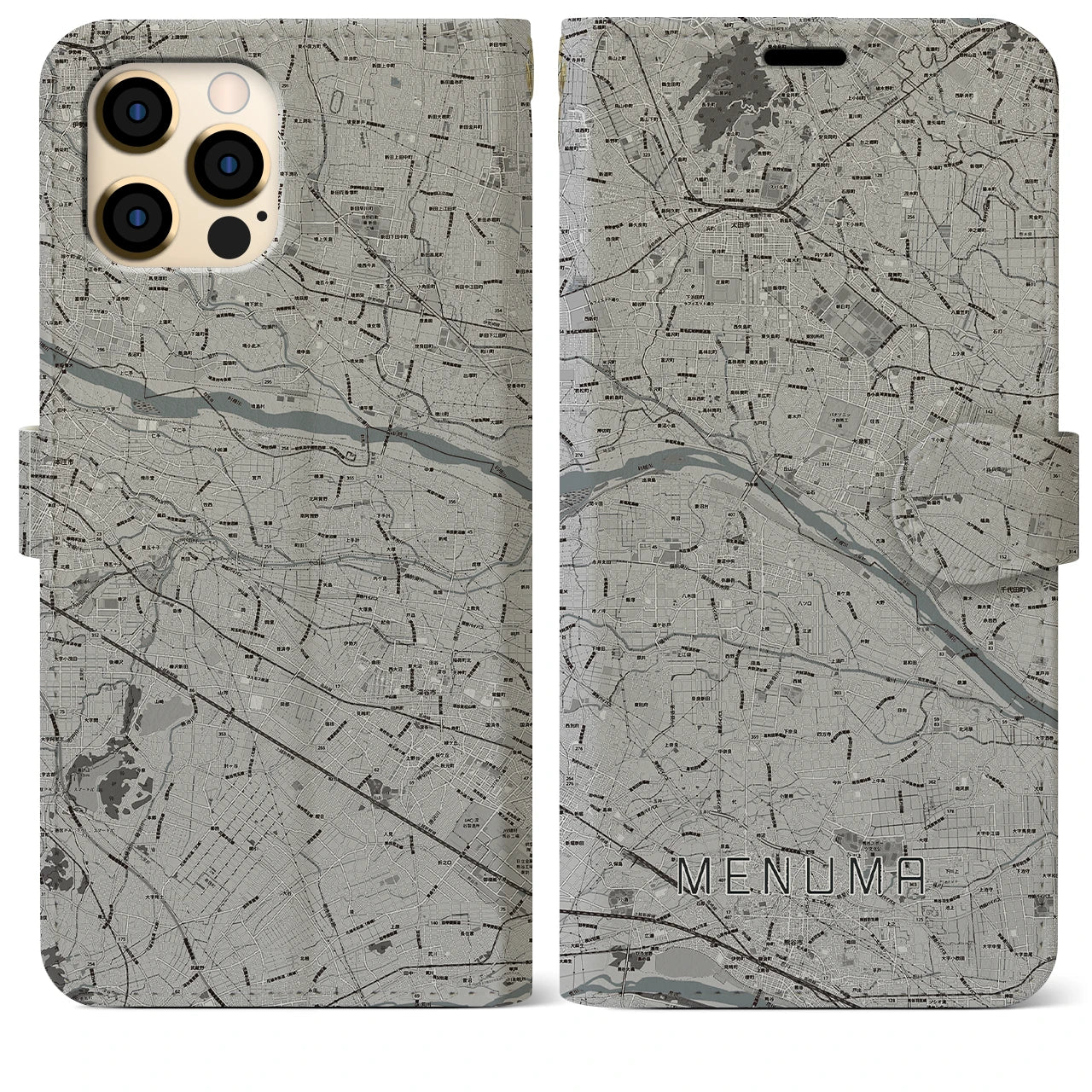 【妻沼(埼玉県)】地図柄iPhoneケース(手帳タイプ)モノトーン・iPhone 12 Pro Max 用