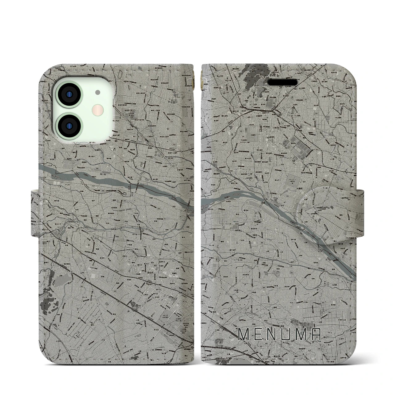 【妻沼(埼玉県)】地図柄iPhoneケース(手帳タイプ)モノトーン・iPhone 12 mini 用