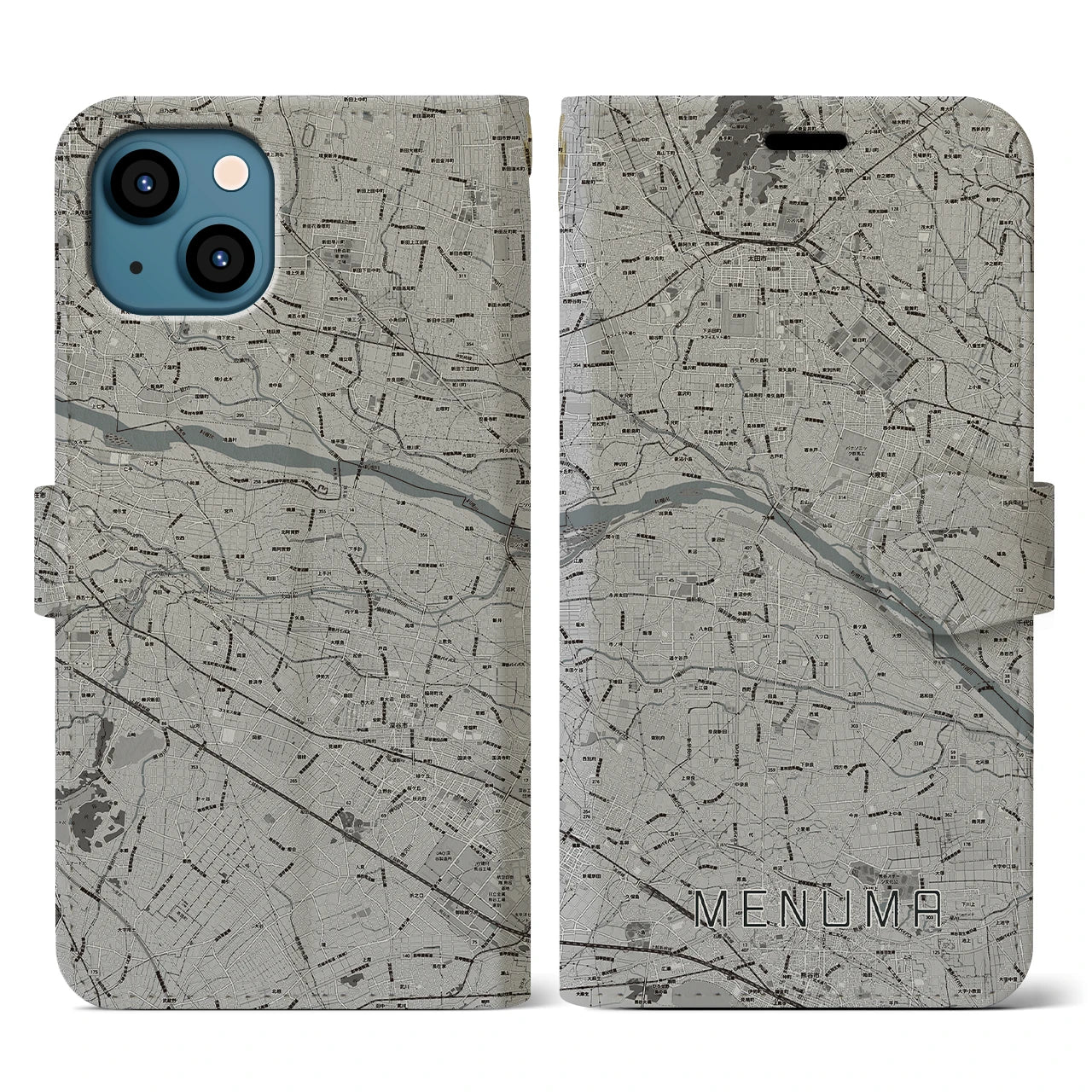 【妻沼(埼玉県)】地図柄iPhoneケース(手帳タイプ)モノトーン・iPhone 13 用