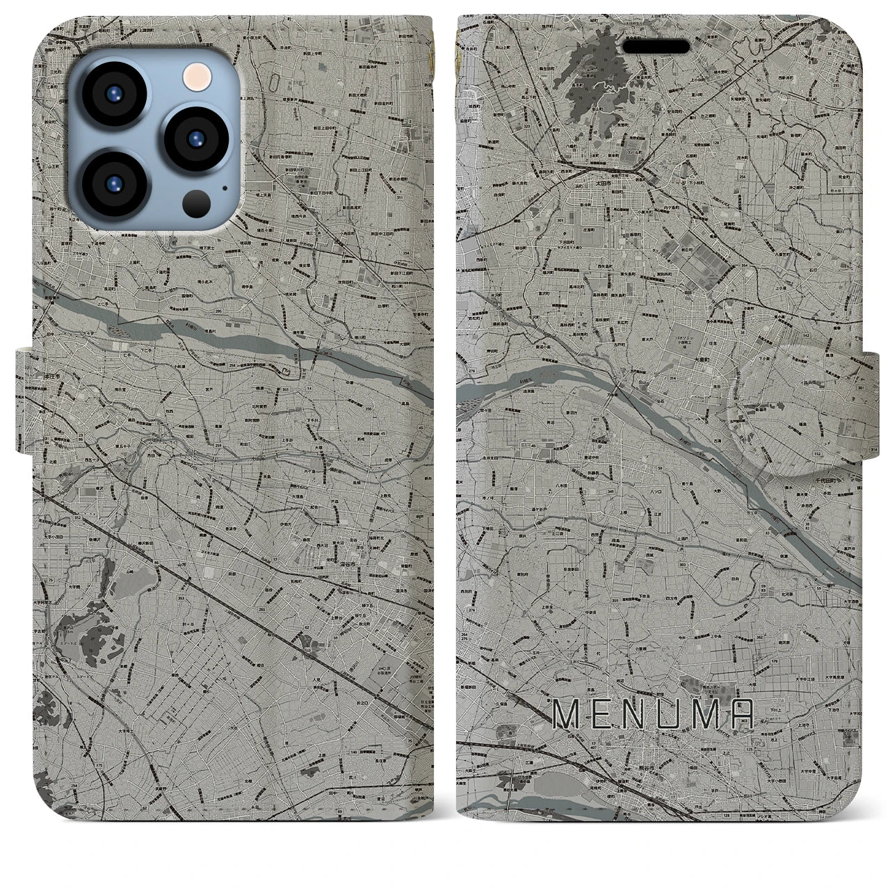 【妻沼(埼玉県)】地図柄iPhoneケース(手帳タイプ)モノトーン・iPhone 13 Pro Max 用