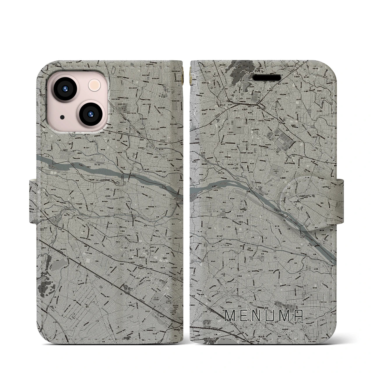 【妻沼(埼玉県)】地図柄iPhoneケース(手帳タイプ)モノトーン・iPhone 13 mini 用