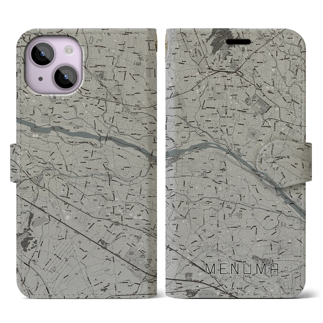 【妻沼(埼玉県)】地図柄iPhoneケース(手帳タイプ)モノトーン・iPhone 14 用