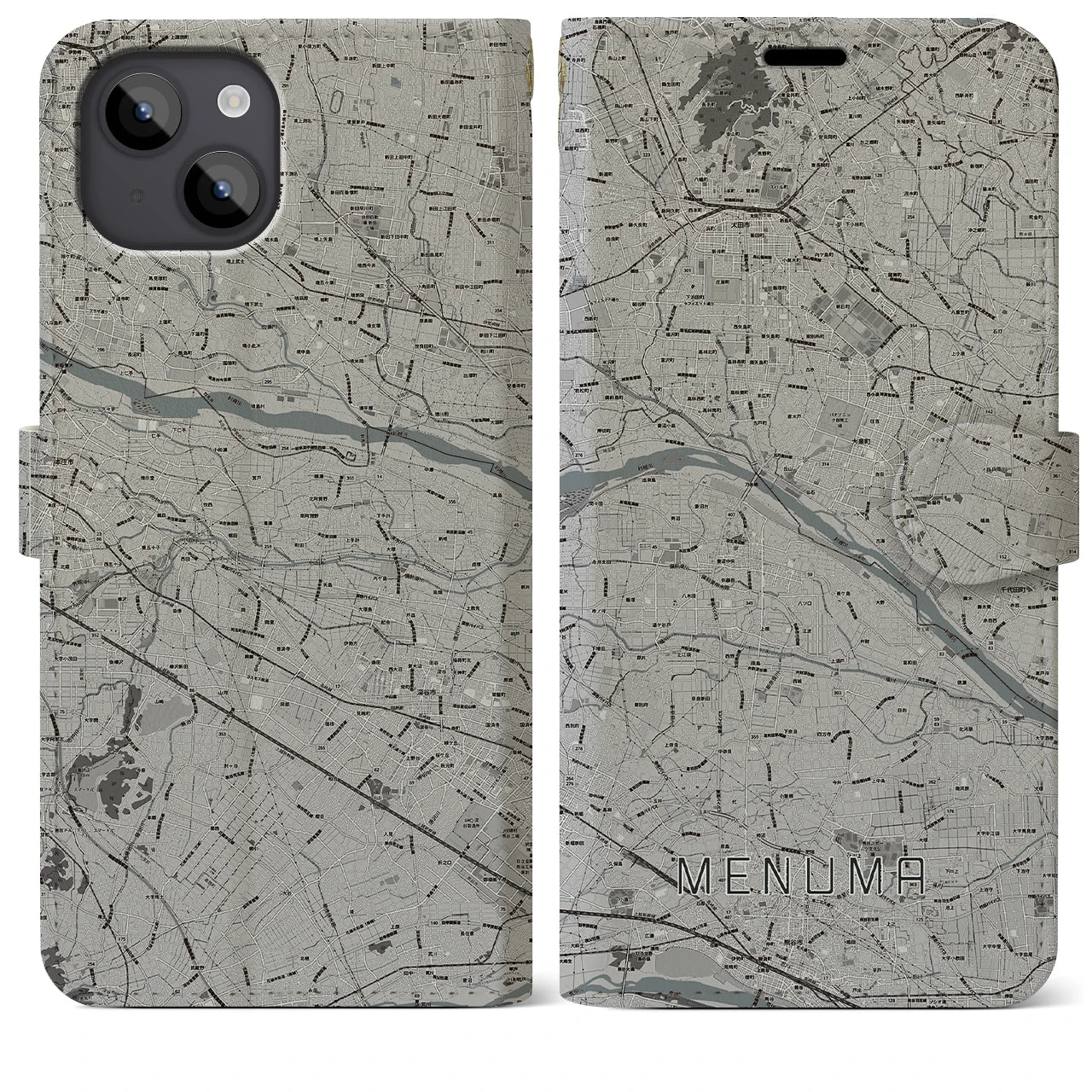 【妻沼(埼玉県)】地図柄iPhoneケース(手帳タイプ)モノトーン・iPhone 14 Plus 用
