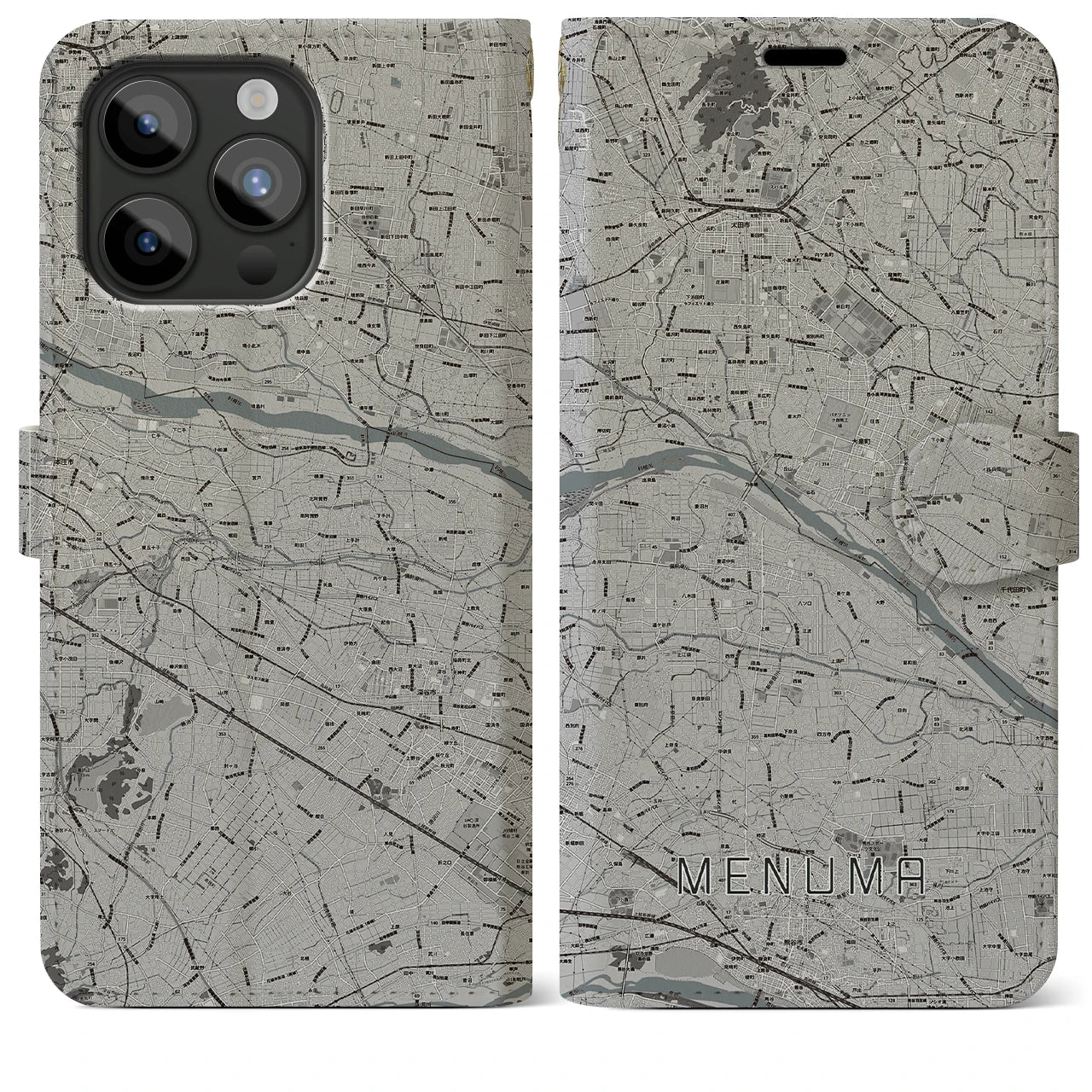 【妻沼(埼玉県)】地図柄iPhoneケース(手帳タイプ)モノトーン・iPhone 15 Pro Max 用