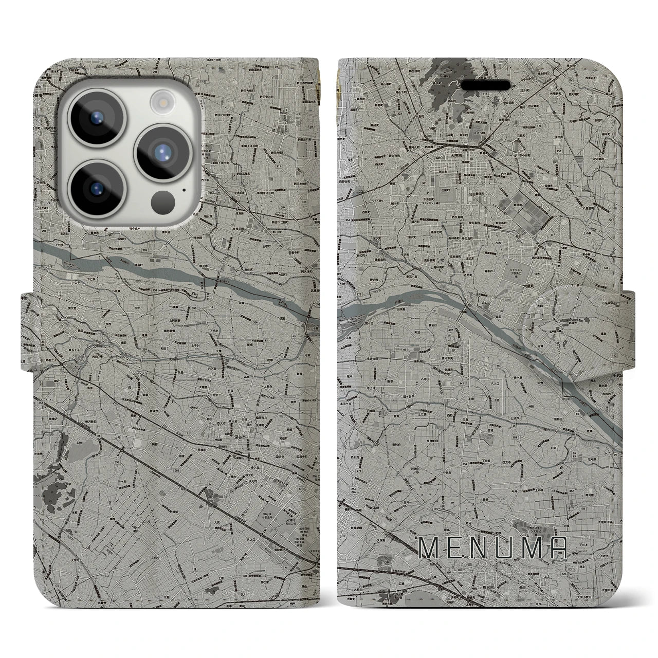 【妻沼(埼玉県)】地図柄iPhoneケース(手帳タイプ)モノトーン・iPhone 15 Pro 用