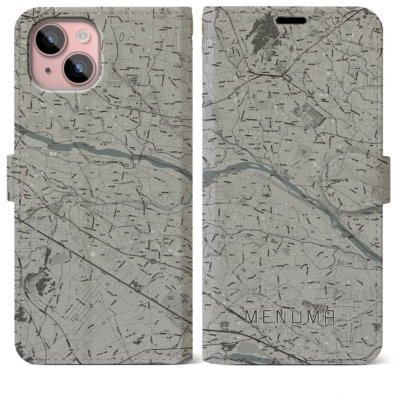 【妻沼(埼玉県)】地図柄iPhoneケース(手帳タイプ)モノトーン・iPhone 15 Plus 用
