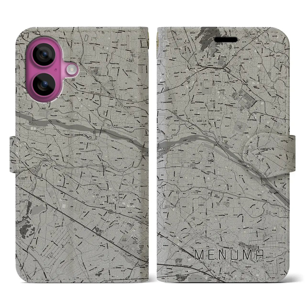 【妻沼(埼玉県)】地図柄iPhoneケース(手帳タイプ)モノトーン・iPhone 16 Pro 用